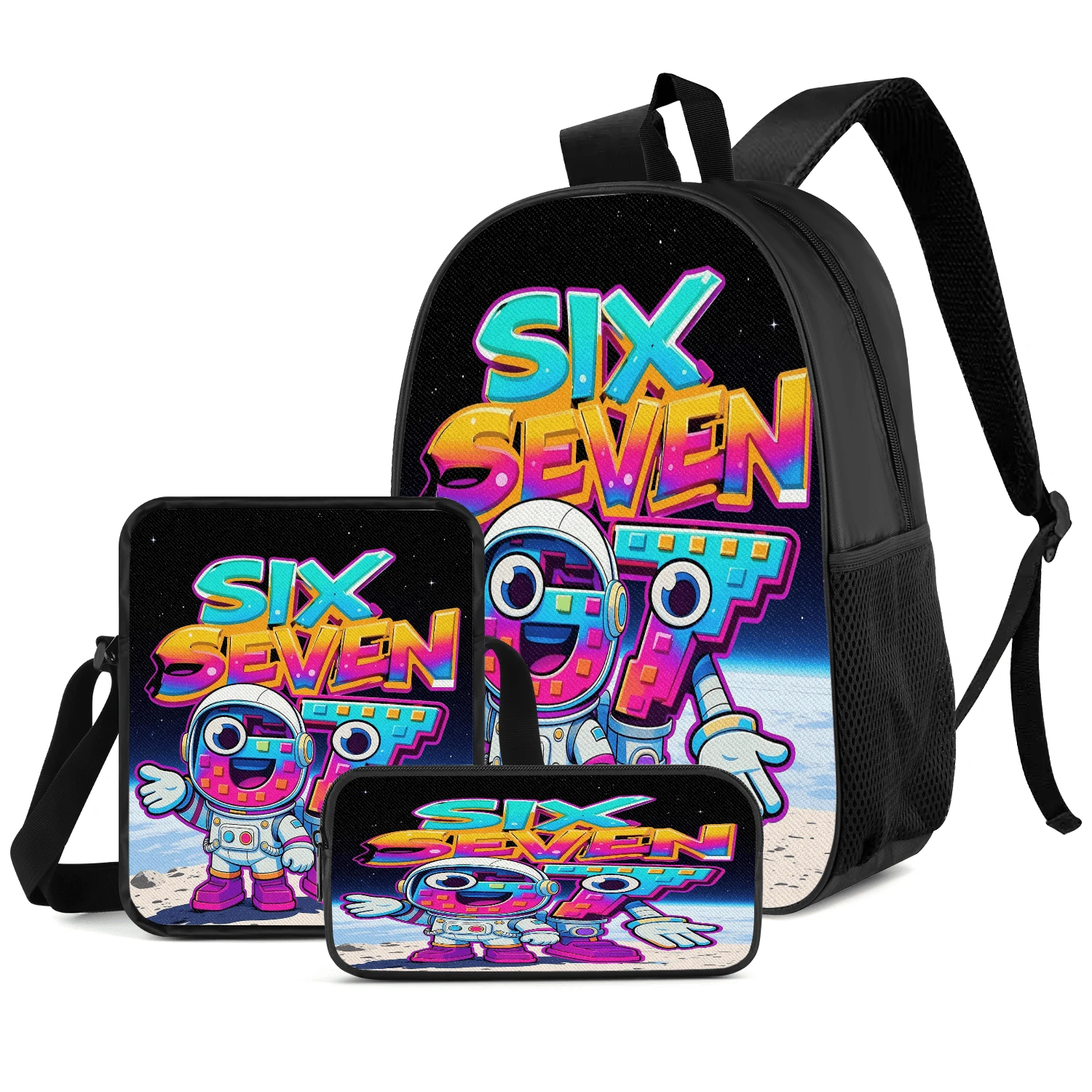 Astronaut Graffiti 2D Print 3 Pieces Backpack Set, Large Capacity Backpack, Crossbody Bag, Pencil Case, Adjustable Wide Strap, Breathable, Side Mesh Pocket Design, Daily Commute Storage Portable Casual Set - Printed Bag - View 1