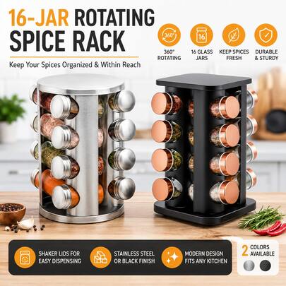 16-Piece Rotating Spice Rack With Glass Jars, 360° Revolving Kitchen Seasoning Organizer, Black / Stainless Steel