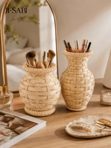 1pc Rattan‑Woven Style Vase Makeup Brush Holder, Boho Imitation Wicker Desk Organizer, Dual‑Purpose Decor Vase For Cosmetic Brushes, Pens, Dried Flowers, Vanity Table Home Desktop Decor,Makeup Organizer,Room Decor - Rattan Makeup Organizer - View 9