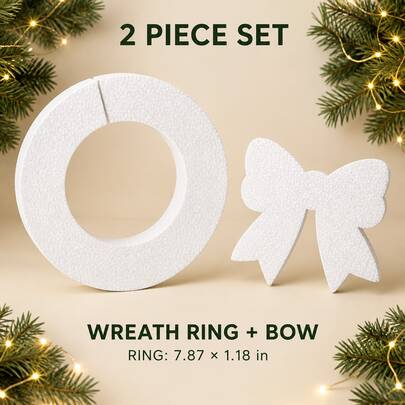2 Pieces EPS Foam Wreath Ring And Bow Craft Blank Set, 7.87in Diameter X 1.18in Thick White Expanded Polystyrene Form For Painting, Wrapping, Christmas Door Wreaths, Floral Displays, Wedding And Event Decor