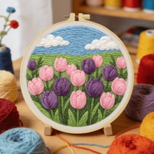 DIY Punch Needle Kit For Beginners Includes A Punch Needle, Yarn, Instructions, A Square Hoop And Pre-Printed Fabric , A Bed Of Tulips. A Creative Craft Project For Wall Decor Or As A Gift. 20 X 20 Cm /7.9 X 7.9 In. - A Bed Of Tulips - View 3