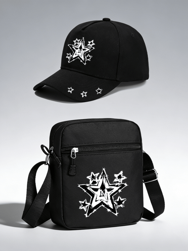 1 buah/2 buah Topi Baseball dan Tas Selempang Unisex Motif Bintang Gaya Jalanan untuk Olahraga Luar Ruangan, Dapat Diatur Ukurannya, Hadiah untuk Diri Sendiri atau Teman