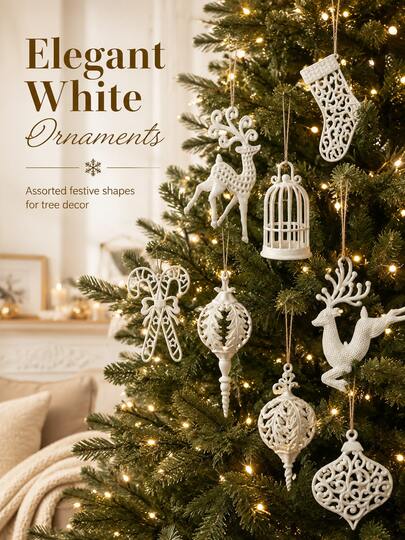 White Christmas Tree Ornaments,Elegant Hanging Christmas Decorations,Snowflake Deer Stocking Birdcage Candy Cane Tree Decor,Winter Wonderland Holiday Ornament Set,Xmas Tree Hanging Pendant,Home Decor,Christmas Party Decoration,Festive Gift Idea