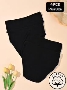 Teowryxou 4pcs Plus Size Women Black Ribbed Cotton Blend Mid Rise Triangle Panties, Soft Stretch Breathable Solid Briefs, Daily Underwear Pack - Black - View 4