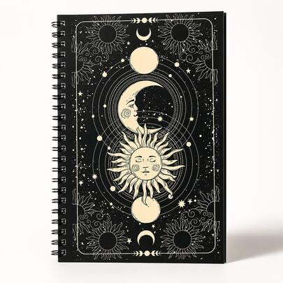 Vintage Dark Sun Moon Star Constellation Coil Notebook, Black Background Gold Foil Sun Moon Mysterious Astrology Illustration Cover, Double Coil Binding Flat Lay Writing, Personalized Niche Gothic Style Design, Suitable For Artistic Students Classroom Notes, Daily Journaling, Inspiration Doodles, High-Quality Durable, Ideal For Astronomy Enthusiasts, Occultism Lovers, Highly Attractive Creative Notebook, Perfect For Personal Use, Gifting, Vintage Niche Decorative Cover Notebook