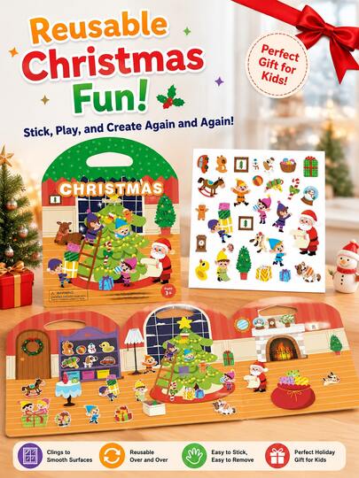 Buku Aktivitas Waktu Tenang dengan Stiker Jeli - Tema Natal dan Halloween, Buku Belajar Portabel, Cocok untuk Balita.