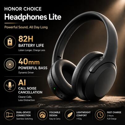 HONOR CHOICE Headphones Lite 無線藍牙貼耳式耳機，82小時續航，40mm動圈單體強勁低音，輕量可折疊，AI清晰通話，雙設備連接，適合旅行、辦公與音樂