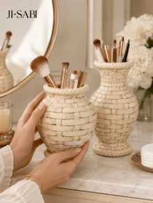 1pc Rattan‑Woven Style Vase Makeup Brush Holder, Boho Imitation Wicker Desk Organizer, Dual‑Purpose Decor Vase For Cosmetic Brushes, Pens, Dried Flowers, Vanity Table Home Desktop Decor,Makeup Organizer,Room Decor - Rattan Makeup Organizer - View 3