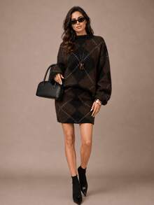 HZXVIC Women's Fashion Autumn New Collection Retro Elegant Diamond Grid High Collar Sweater Skirt Set Fall - Brown - View 2