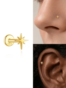 1Pc 925 Sterling Silver Eight-Pointed Star Nose Stud Hypoallergenic Cartilage Body Piercing Jewelry Nose Rings For Women Men Daily Wear & Gifts - Gold - View 4