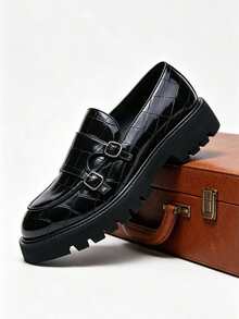 Men's Formal Pointed Toe Casual Shoes, Fashion Korean Style Slip-On Thick Sole Height-Increasing Leather Shoes, Suitable For Daily Casual, Business, Ball, Formal, Wedding, Party, Evening Banquet, Commuting And Various Occasions - Black - View 3