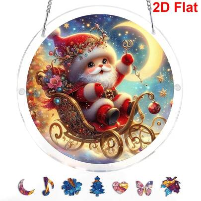 Single Piece, 2D Flat - Acrylic Material - Sun Catcher - Three-Layer Acrylic - Middle Layer With Colored Glass Effect Window Hanging Decoration. < Cute Santa Claus Under Moonlight > Pattern, Unique Sun Catcher Set, Elegant Garden Sun Catcher Window Decor