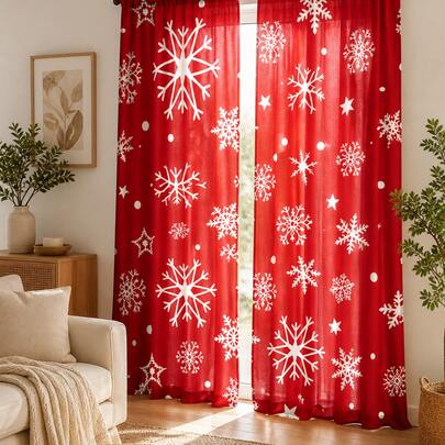 2pcs Red & White Snowflake Star Print Curtains, Simple Geometric Snowflake & Polka Dot Pattern, Semi-Blackout Privacy Ready-Made Curtains For Living Room, Bedroom, Kitchen, Office, Home Decor, Christmas Winter