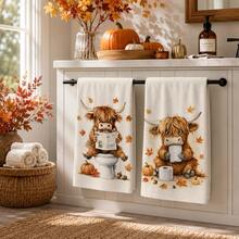 2/4/6pcs Highland Cow Autumn Theme Printed Kitchen Napkins, Cute Hand-Drawn Style, Soft And Easy To Clean, Highland Cow, Pumpkin, Maple Leaf And Fun Bathroom Patterns, Home Decor, Autumn Home Gift, Suitable For Bathroom Decor, Kitchen Decor, Kitchen Accessories - Multicolor - View 2