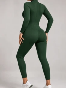 Mono Deportivo de Manga Larga con Cremallera para Mujer - Conjunto de Yoga Ajustado de Ribete, Ropa de Entrenamiento para Fitness y Pilates - Verde - Ver 3