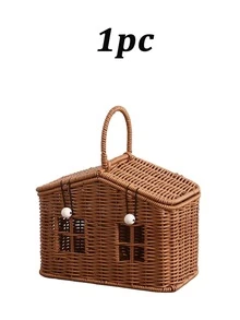 1pc Creative House-Shaped Woven Storage Box With Lid And Decorative Handle, Multi-Purpose Home Desktop And Shelf Organizer Basket, Fun Room Decor, Holiday Display Storage Box, Storage Basket - Multicolor - View 7