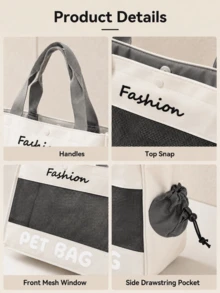 4 Colors Available, This Portable Pet Tote Bag Combines Canvas And Breathable Mesh, Featuring Minimalist Letter Print And Side Drawstring Ventilation, Perfect For Carrying Small Cats Or Dogs For Daily Outings - Multicolor - View 8