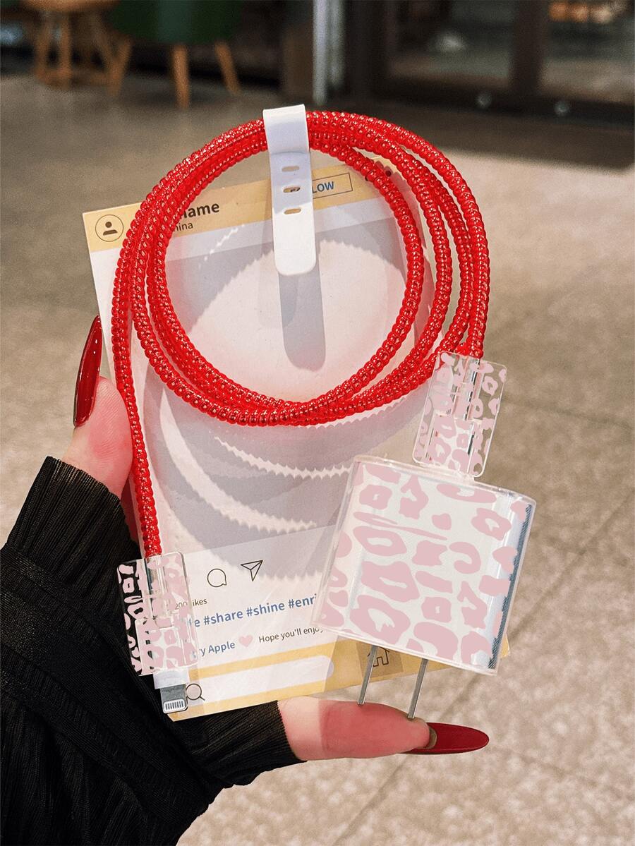 Sexy Leopard Print, Dopamine Pink Color Block Pattern, Paired With 1.4M Data Cable Protector Rope, Minimalist Apple Charger Protective Case, Compatible With 20W Phone 15 Charger, 16 ProMax Phone Cable Protector Cover, Anti-Bend, Anti-Cat Bite, Suitable For 13/14 Plus Data Cable Protector, Charger Protector. Christmas Gift - Pink - View 1