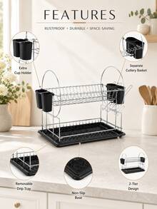 2-Tier Black Metal Rust-Resistant Dish Drying Rack With Side Cup Holder, Removable Utensil Caddy And Drain Tray, Space-Saving Kitchen Counter Organizer For Plates, Bowls, Glasses And Cutlery - Multicolor - View 6