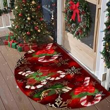 1pc Christmas Theme Semi-Circle Rug, Burgundy Background, Candy Cane, Snowflake, Bow, Christmas Element Print, Rich Christmas Holiday Vibe, Directly Boost Home Holiday Atmosphere, Hand-Cut With 1-5cm Error, Christmas Small Rug, Christmas Party Decoration, Christmas Semi-Circle Rug, Doormat, Small Rug, Welcome Mat, Rug, Mat, Outdoor Doormat, Kitchen Rug, Home Decor, Front Door Mat, Area Small Rug, Outdoor Mat, Home Decor, Area Rug, Garden Rug, Autumn/Winter Rug, Washable Rug - Multicolor - View 1