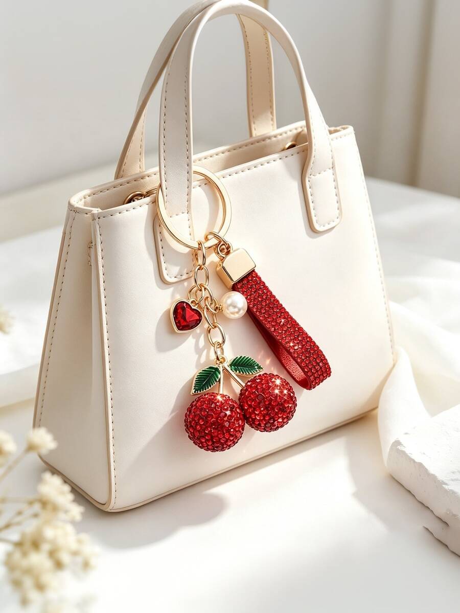 1pc Fashion Alloy Rhinestone Cherry Bag Charm, Clay Rhinestone Keychain, Crystal Inlaid Car Key Pendant, Women's Bag Decoration Accessory