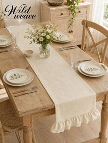 1pc Table Runner, Washed Wrinkled, Simple Pastoral Style. Polyester Material Rectangular Tablecloth With Scalloped Edge, Suitable For Dining Room, Public Holidays And Daily Decoration. - Beige - View 6