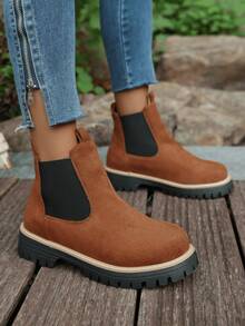 Women Platform Lug Sole Chelsea Boots,Faux Suede Elastic Side Slip‑On Ankle Booties,Ankle Booties,Daily Fashion Fall Winter Ankle Boots,Mid‑Calf Boots - Brown - View 4
