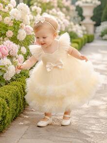 Baby Girl Princess Dress With Flutter Sleeves And Puff Skirt, Flower Girl Outfit For Evening Party, 1st Birthday, Baptism - Champagne - View 2