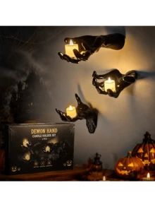 3Pcs Premium Halloween Demon Hand Wall Candle Sconce Set Gothic Spooky Tealight Holder Home Party Decor - Multicolor - View 2