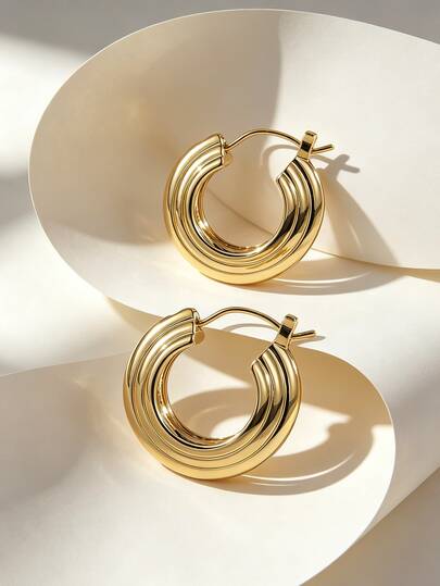 Charm-In 18K Gold Plated Multi‑Layer Chunky Huggie Hoop Earrings For Women Ribbed Textured Small Gold Hoops Statement Ear Jewelry For Daily Wear & Party