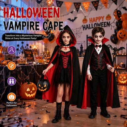 B.B.STUDY Vampire Long Cloak For Role Play, Children's Witch Costume, Two Options: Stand Collar Cloak Or Hooded Cloak, Unisex, Double-Sided Black & Red Vampire Cloak, Halloween Costume, Party Costume, Birthday Gift, Holiday Gift, Halloween Gift, Christmas Gift