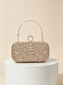 1pc Luxurious Rhinestone Floral Evening Clutch, Exquisite Full Rhinestone Heavy Craftsmanship, With Handle Ring For Crossbody Wear, Wedding Banquet Party Dress Matching, Light Luxury High-End Women's Evening Bag - Gold - View 5