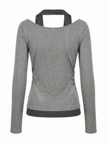 Kaos Lengan Panjang Motif Korea Model Halter Neck Cold Shoulder 2 In 1 - Grey - View 3
