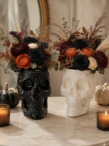 1pc Decorative Floral Skull Vase, Gothic Style Black & White Skull Planter, Embossed Sugar Skull Tabletop Centerpiece, Halloween Home Decor, Suitable For Dried Flowers And Fresh Flowers, Living Room Bookshelf Party Decoration - Gothic Skull Vase - View 4