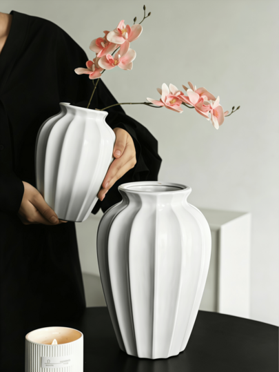 1pc Shatter-Resistant Faux Ceramic Plastic Vase, Modern Minimalist Home Decor, White Striped Texture Cylindrical Design, Elegant Multi-Functional Decorative Vase, Suitable For Weddings, Offices, Seasonal Displays, Indoor/Outdoor Use All Year Round