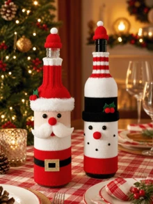 Santa Claus & Snowman Knitted Wine Bottle & Glass Cover Set, Christmas Wine Bottle Decoration Set, Christmas Home Kitchen Dinner New Year Decor - View 2