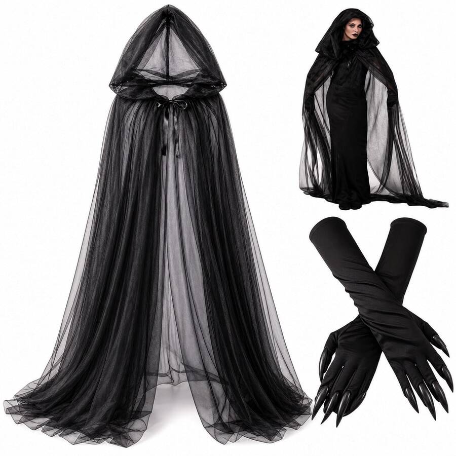 Adult Halloween Witch Hooded Cloak + Gothic Vampire Long Claw Gloves Set, Black Long Mesh Cape With Adjustable Drawstring, Unisex, Suitable For Halloween Party, Cosplay, Theme Party, Witch Vampire Costume - Multicolor - View 1