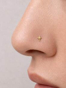 1Pc 925 Sterling Silver Eight-Pointed Star Nose Stud Hypoallergenic Cartilage Body Piercing Jewelry Nose Rings For Women Men Daily Wear & Gifts - Gold - View 3