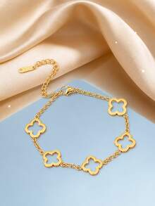 1pc/3pcs Minimalist Stainless Steel Clover Hollow Flower Decorative Bracelet, Suitable For Women Daily Wear, Party & Gift Giving, Ladies Bangle Stackable Jewelry Accessory, Vintage Jewelry - Yellow Gold - View 5