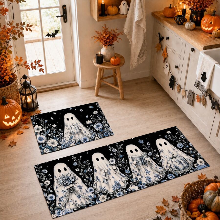 1/2pcs Halloween Ghost Pattern, Vintage Diatomaceous Earth Bath Mat, Super Absorbent, Non-Slip, Perfect For Bathroom, Kitchen And Dining Room, Quick Drying, Ideal Gift For Home Decor And Bathroom Mat - Multicolor - View 1