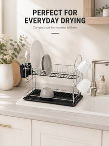 2-Tier Black Metal Rust-Resistant Dish Drying Rack With Side Cup Holder, Removable Utensil Caddy And Drain Tray, Space-Saving Kitchen Counter Organizer For Plates, Bowls, Glasses And Cutlery - Multicolor - View 3
