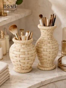 1pc Rattan‑Woven Style Vase Makeup Brush Holder, Boho Imitation Wicker Desk Organizer, Dual‑Purpose Decor Vase For Cosmetic Brushes, Pens, Dried Flowers, Vanity Table Home Desktop Decor,Makeup Organizer,Room Decor - Rattan Makeup Organizer - View 6