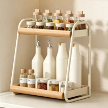 Kitchen Countertop 2-Tier Spice Rack, Iron & Wood Grain Design, Home Oil, Salt, Soy Sauce, Vinegar Seasoning Bottle Storage Organizer, Multifunctional Desktop Spice Organizer Rack - Multicolor - View 11