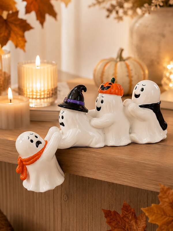 Figura de fantasma de Halloween, divertido fantasma de resina para estantería con sombrero de bruja, sombrero de calabaza & bufanda, decoraciones espeluznantes de Halloween para el hogar, sala de estar, chimenea, estantería & mesa, decoración de fantasma linda para el hogar, decoración de fiesta de otoño, decoración de casa embrujada, regalo de Halloween