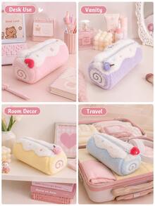 Cute Swiss Roll Plush Pencil Case, Large Capacity Toiletry Bag, Foldable Storage Bag, High-Quality Sweet Stationery Organizer, Suitable For Students - Multicolor - View 5