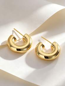 Charm-In 18K Gold Plated Chunky Open C‑Shaped Hoop Earrings For Women Thick Smooth Gold Huggie Hoops, Minimalist Statement Jewelry For Daily Wear & Party - Gold - View 6