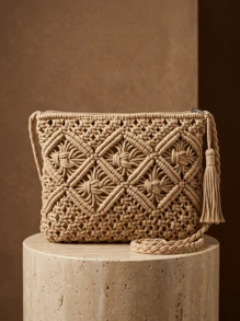 CAJUNI Handmade Woven Small Crossbody Bag, Retro Beach Style, Versatile Square Envelope,Straw Bag - Khaki - View 3