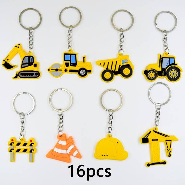 16pcs Construction Vehicle Keychain, Construction Vehicle Key Ring Gift Bag, Party Favor Return Gift Bag Filler, Random Color And Style