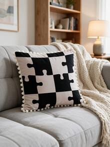 1PC Black White Puzzle Print Pillow Cover Pom Pom Tassel Edge Geometric Decorative Throw Pillow Sofa Couch Bedroom Home Decor - Multicolor - View 2