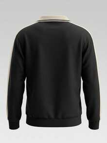 Men's Autumn/Winter Fashion Printed Colorblock Loose Drop Shoulder Airplane Collar Sweatshirt, Essential Wardrobe Piece - Black - View 2